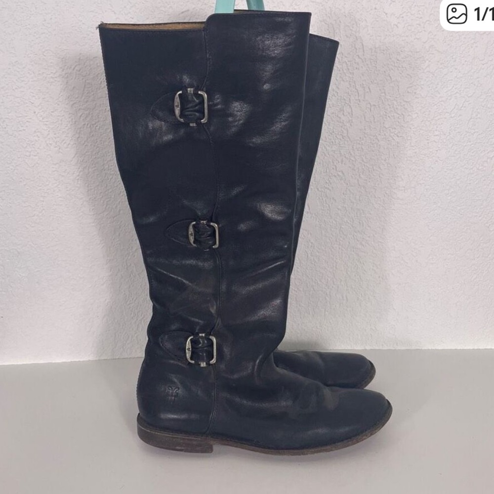 Frye Black Leather Buckle Sides Tall Pull On Riding Boots